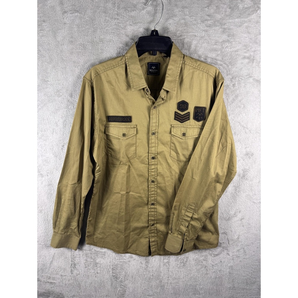 Mufti Shirt Mens XL Beige Military Button Up Long Sleeve Cotton Airborne Patches